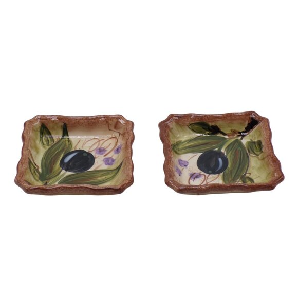 Tabletops Unlimited Ceramic Square Hand Painted Olives Set Of 2 Dipping Bowls - Picture 1 of 5
